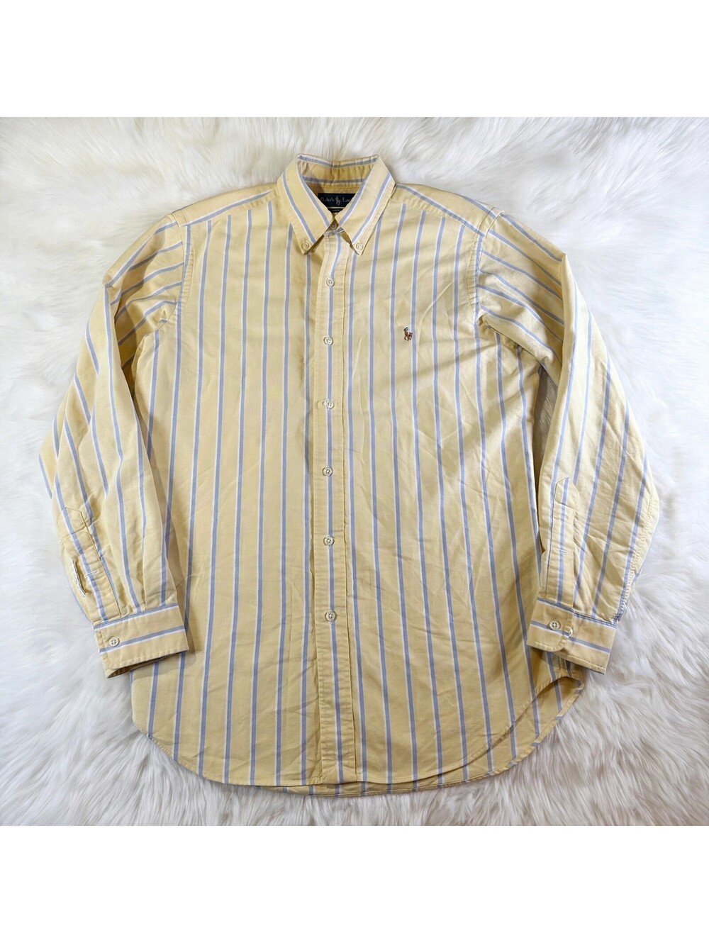 Ralph Lauren Dress Shirt Men's 15.5/33 Yellow Blue Stripe Classic Fit Button